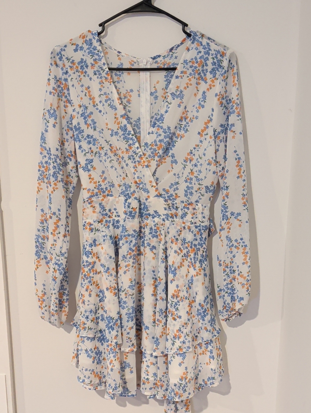 Floral Wrap Long Sleeve Mini Dress - Blue & Orange Flower Print